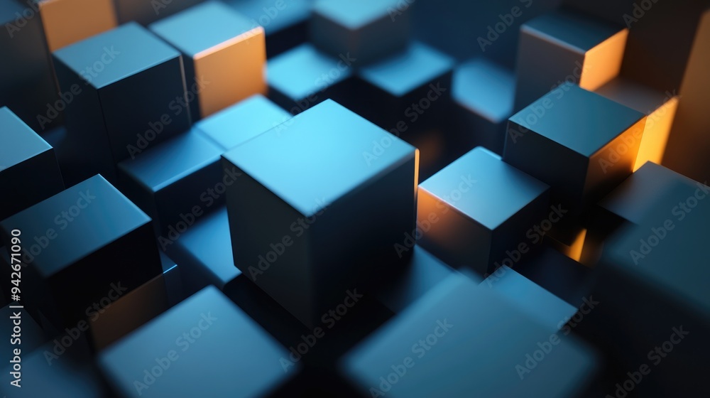 Poster abstract geometric blocks on a dark background featuring a 3d rendered design 3d illustration