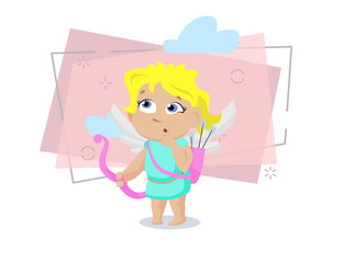 Cute female cupid with bow and arrow thinking over aim. Archery, cherub, angel. Valentines day concept. Can be used for topics like love, romance, dating