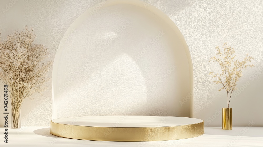 Poster 3d rendering of a minimalist backdrop for cream cosmetics featuring a modern gold podium