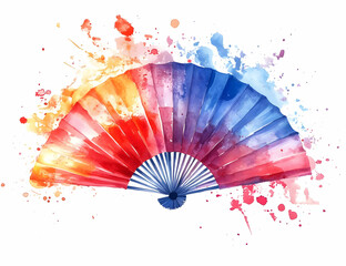 Vibrant watercolor fan with bold colors, perfect for artistic designs, cultural themes, or decorative elements.