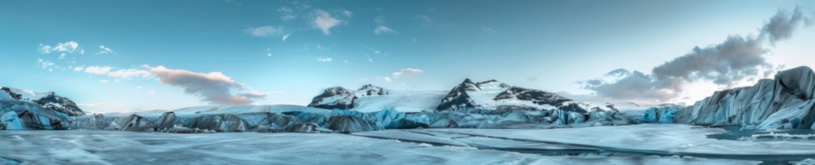 Frozen wilderness with wide-angle view of glaciers and ice fields in a glacial landscape
