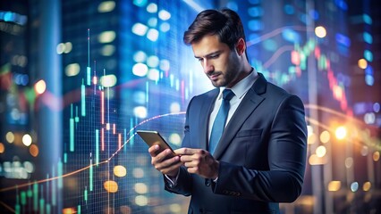 Fototapeta premium Businessman Analyzing Stock Market on Smartphone in City at Night.