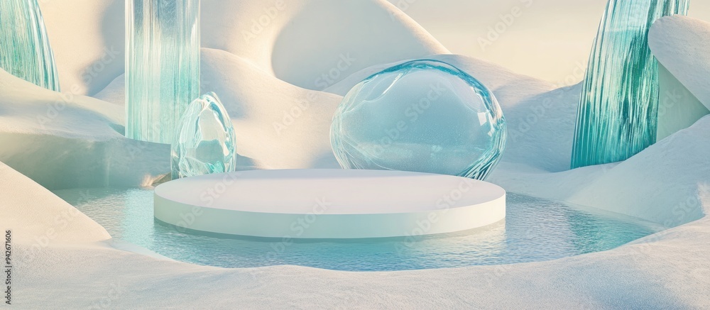 Poster 3D rendering of a surreal landscape featuring a round podium in water and white sand set against a backdrop of abstract glass shapes and objects This image evokes a fantasy world with a futuristic