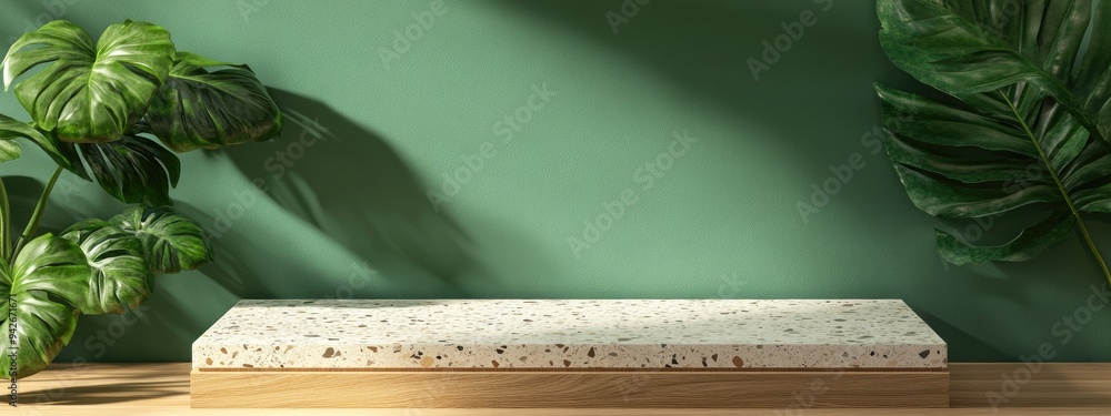 Poster 3d rendering of a template mockup featuring a natural terrazzo and wood podium set against a green w