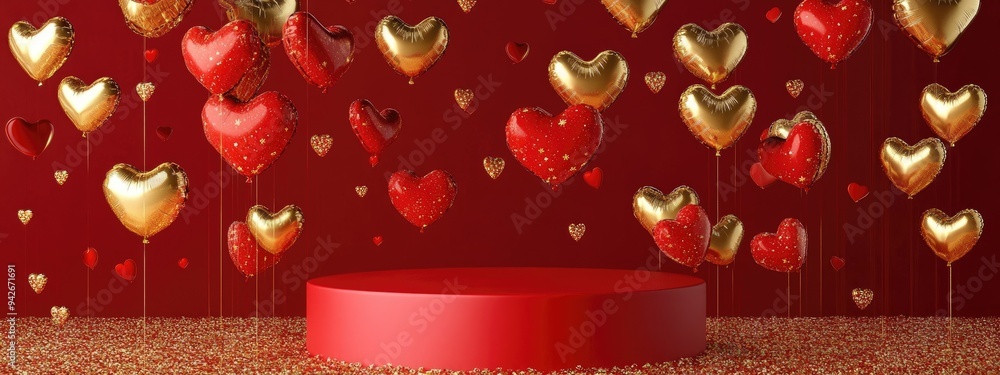 Poster 3d abstract love themed background featuring a red podium surrounded by golden heart shaped balloons