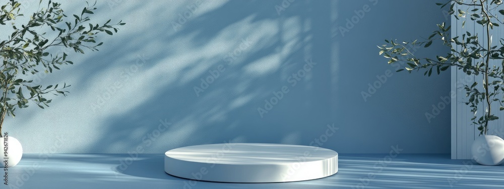 Poster 3d mockup of a blue and white product podium featuring a minimal abstract background rendered in 3d