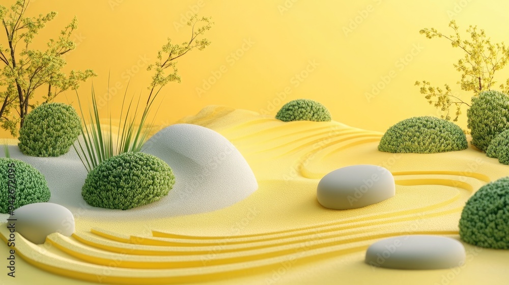 Poster 3d rendering of an abstract zen garden concept featuring a yellow and green background