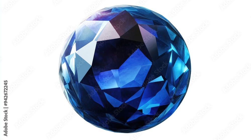 Poster dark blue round gem with a sapphire hue set against a white background a blue polygonal sphere featu