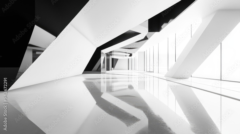 Aufkleber abstract white interior featuring glossy black geometric forms creating a modern architectural backd