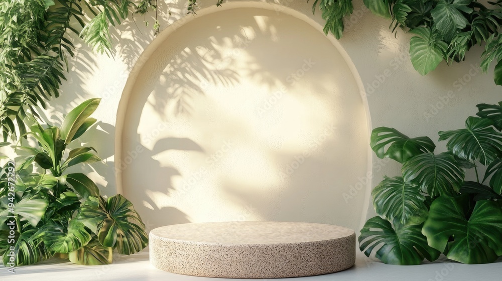 Aufkleber 3d rendering of a podium featuring plant product display background