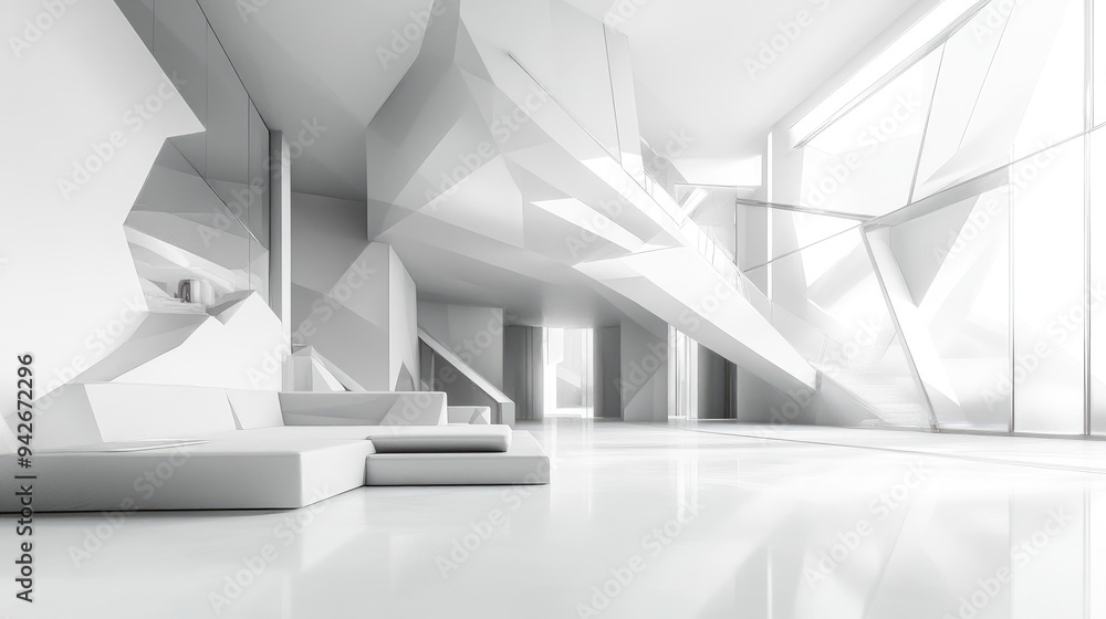 Poster abstract white interior emphasizes modernity featuring a polygonal design architectural backdrop cre