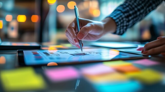 close-up of a hand sketching out a business plan on a tablet, with creative ideas and post-it notes scattered on a desk, representing a new business concept