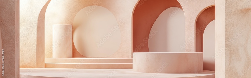 Poster 3D render of an abstract geometric background featuring an art deco display in soft pastel hues showcasing a fashion podium with a blank mock up template a minimalistic empty showcase and primitiv