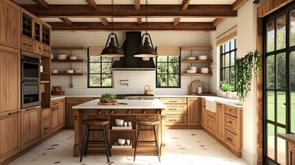 Watercolor rustic kitchen island with open shelving and warm wood tones.
