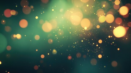 Bokeh effect with a blurred background featuring colorful lights on a green gradient showcasing out of focus elements and dynamic particle motion