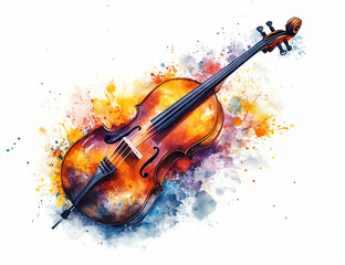 Fototapeta premium A vibrant watercolor illustration of a violin surrounded by colorful splashes, ideal for music and art themes.