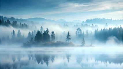 Fototapeta premium Mystical Forest Dawn: Tranquil lake reflecting a mist-shrouded forest at sunrise, evoking a sense of mystery and serenity.