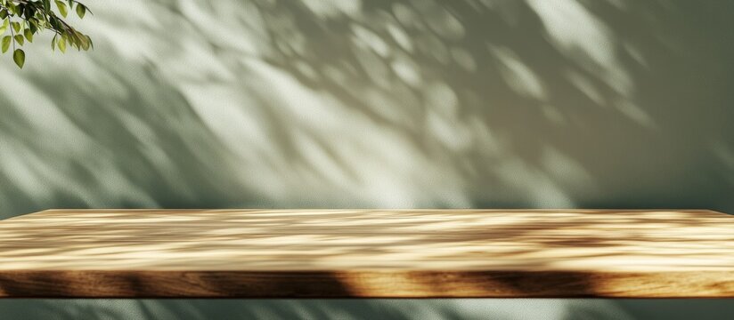 3D render of an empty elegant fine oak wood surface showcasing beautiful wood grain illuminated by morning sunlight with dappled light on a plain green wall in the background Ideal backdrop for bea