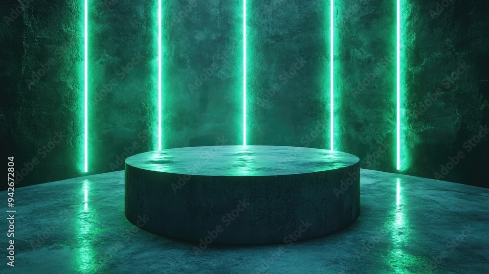 Poster 3d rendering of a cement pedestal illuminated by green neon lights