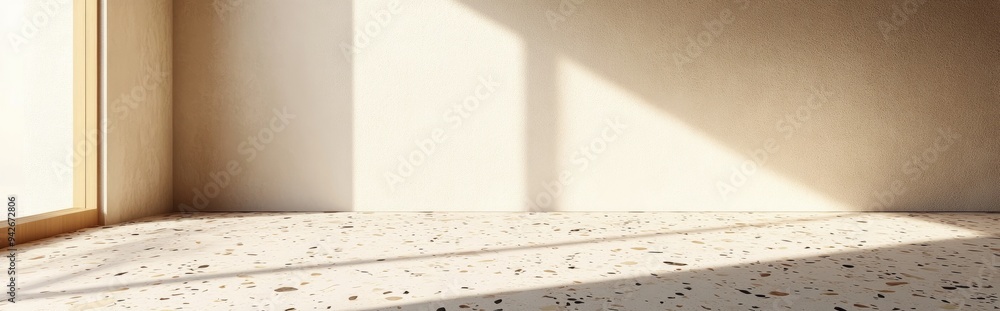 Poster 3D render of an empty space featuring a terrazzo pattern floor and a textured wall