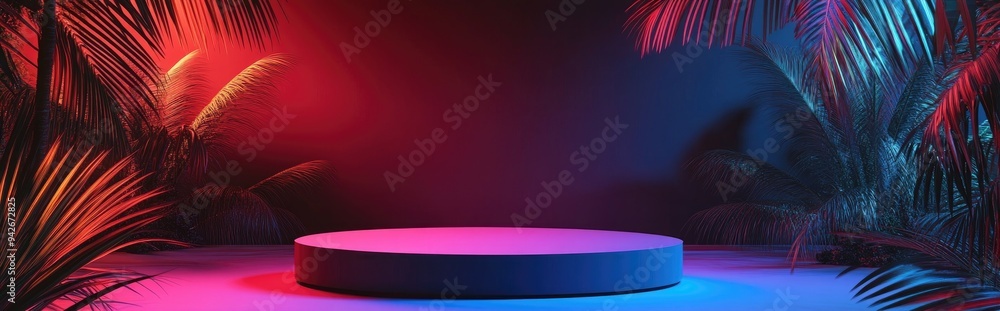 Poster 3d podium with empty space for product showcase against an abstract tropical background summer and v