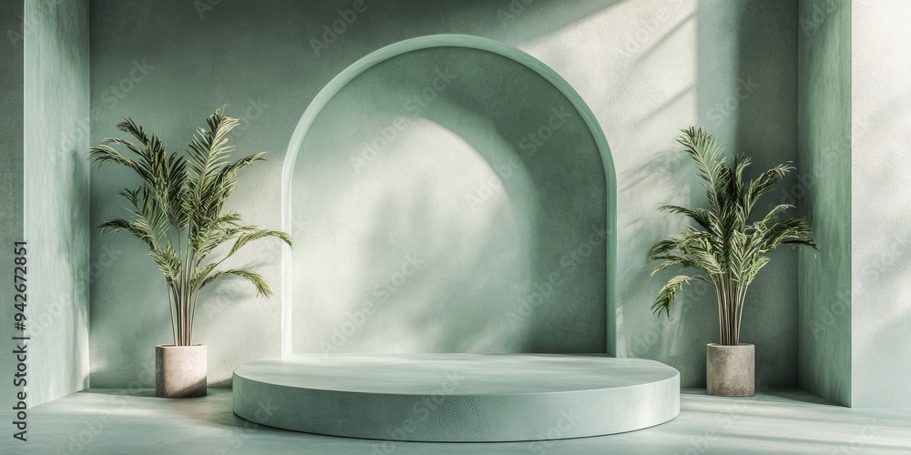 Poster 3d rendering of a sage green podium for product display and social media advertising