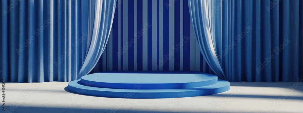 Poster 3d rendering of a podium stage with a blue striped backdrop