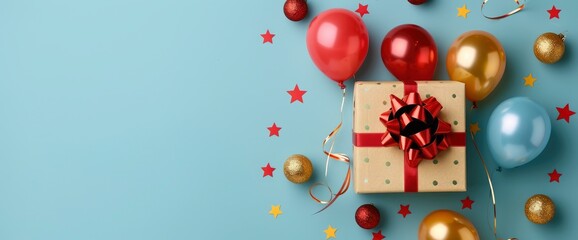 Birthday Gift with Balloons and Confetti on Blue Background