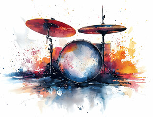 Vibrant watercolor illustration of a drum set, showcasing artistic splashes of color, perfect for music and art lovers.