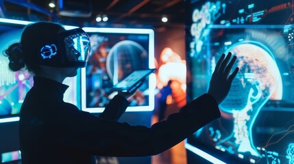 Interactive art exhibit with digital touchscreens, holographic displays, copy space, deep depth of field, covering all objects