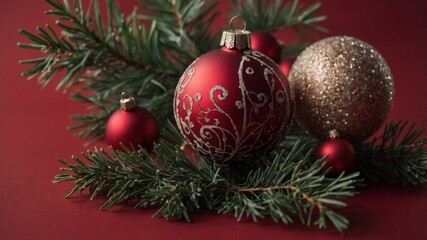 Fototapeta premium Chrisn'ttmas copy space, place holder, banner Winter ornaments on red background.