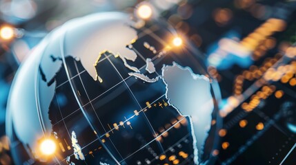 Investigate global economic events impact on investment markets, covering all objects with deep depth of field.