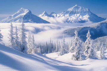 Fototapeta premium A breathtaking view of snow covered mountains, their peaks towering above the clouds against a clear blue sky 
