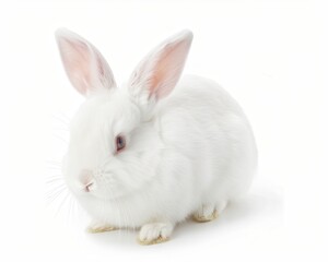 White Bunny isolated on white background. Cute fluffy pet rabbit with white fur