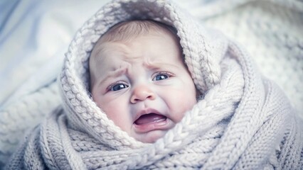 Close-up of a Baby Wrapped in a Knit Blanket, Crying