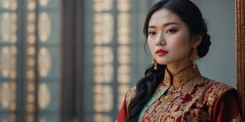 Elegant Fusion Asian Woman in Opulent Traditional Attire.