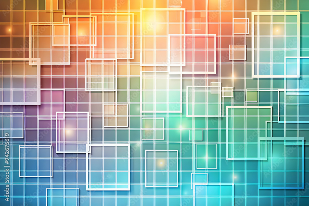Poster luminous grid: a vibrant, abstract background of intersecting squares, glowing with a spectrum of co
