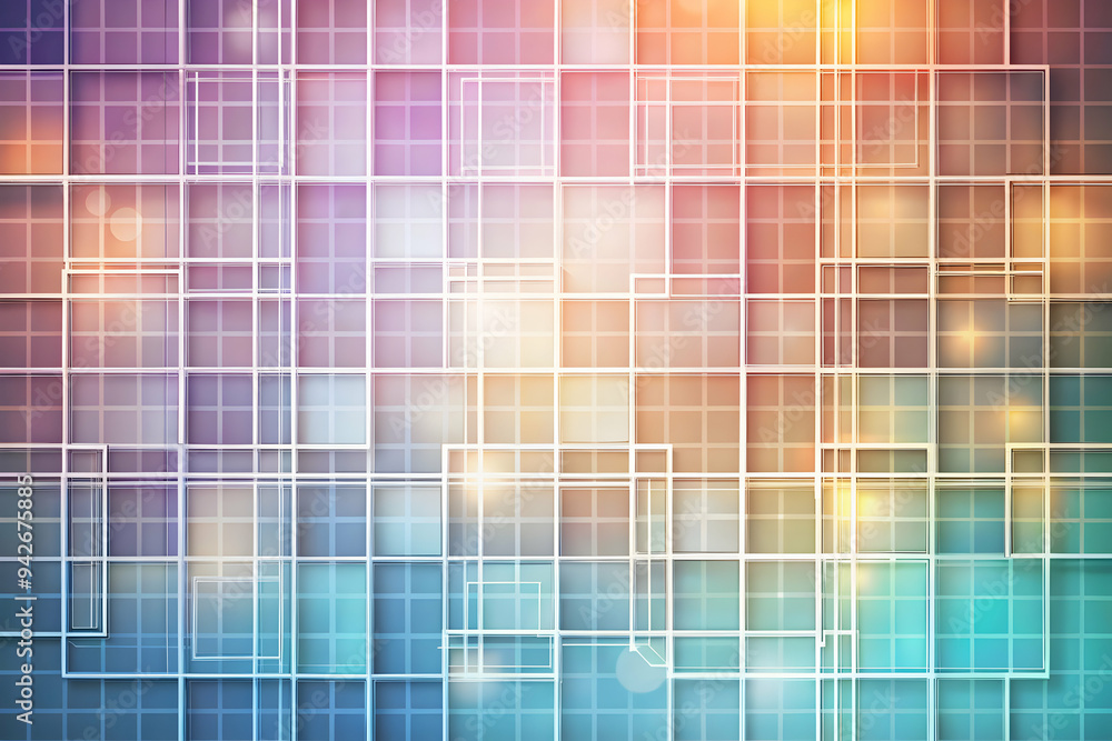 Poster luminous grid: a vibrant, abstract background of intersecting squares, glowing with a spectrum of co