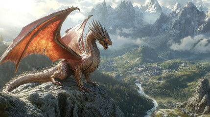 Portrait of fantasy white dragon on the top of the mountain