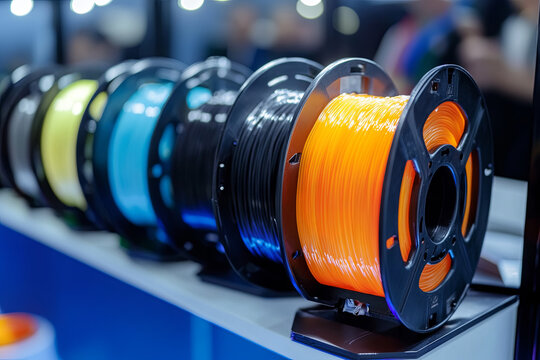 Plastic filaments for 3D printers. 3D printing filament spool on a holder