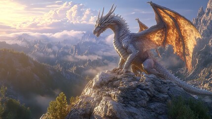 Portrait of fantasy white dragon on the top of the mountain