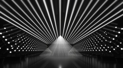 Geometric pattern of luminous beams illuminating space with copy space, deep depth of field, covering all objects.