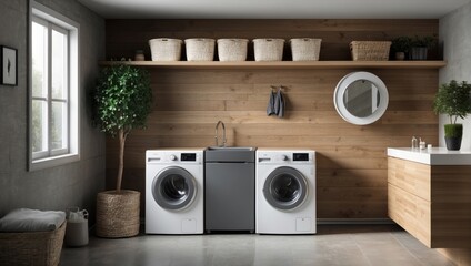 Modern Laundry Room with White Washing Machines and Wood Accents