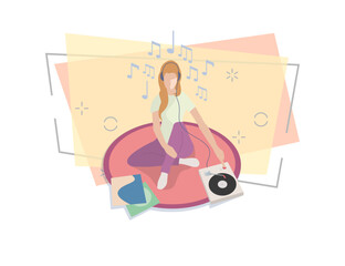 Woman sitting on rag and listening to vinyl record in headphones vector illustration. Music lover, retro music, resting. Leisure concept. Can be used for topics like hobby, domestic lifestyle, music