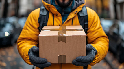 delivery man's hands carefully holding a fragile package, symbolizing trust, care, and responsibility. The hands are gently cradling the box, conveying the importance of safe delivery