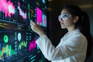 Female Analyst Interpreting Data on Multiple Digital Screens in Control Room
