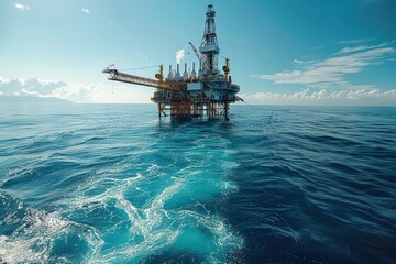 An oil rig standing tall in the ocean under a clear, sunny sky, highlighting its industrial presence and operation on a calm day.