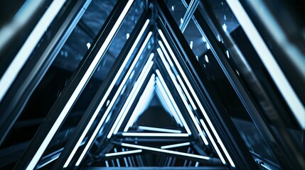 Luminous triangular beams arrangement in space, copy space, deep depth of field, all objects in focus.