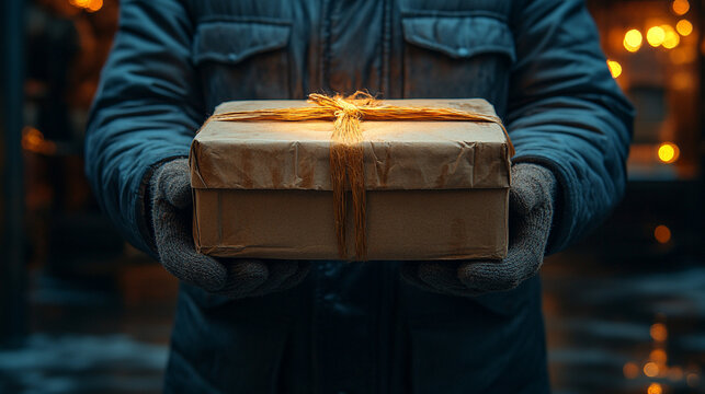 delivery man's hands carefully holding a fragile package, symbolizing trust, care, and responsibility. The hands are gently cradling the box, conveying the importance of safe delivery