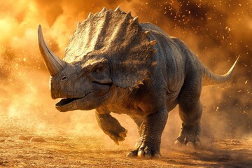 Fototapeta premium A Triceratops Dinosaur Charging Through Dust and Fire